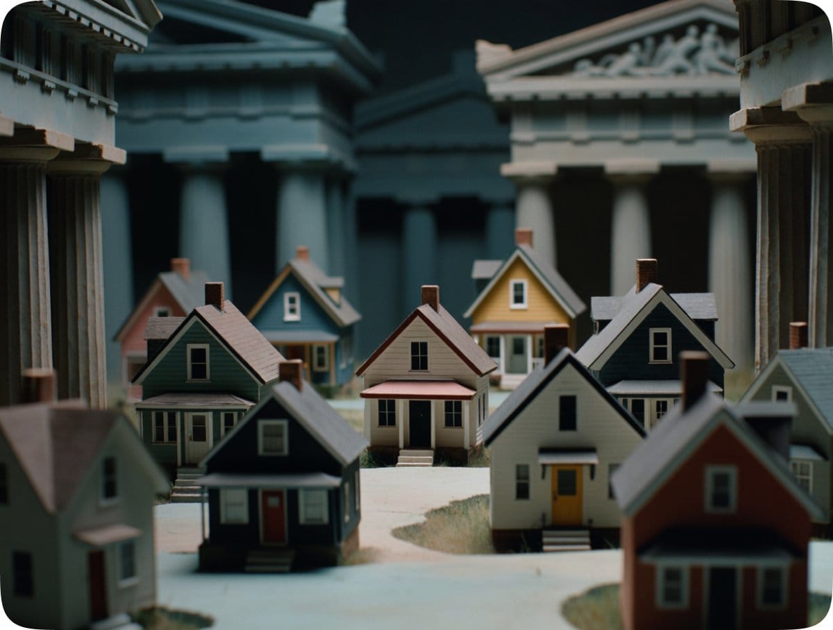 Modellhus i miniatyr framför en klassisk byggnad med pelare