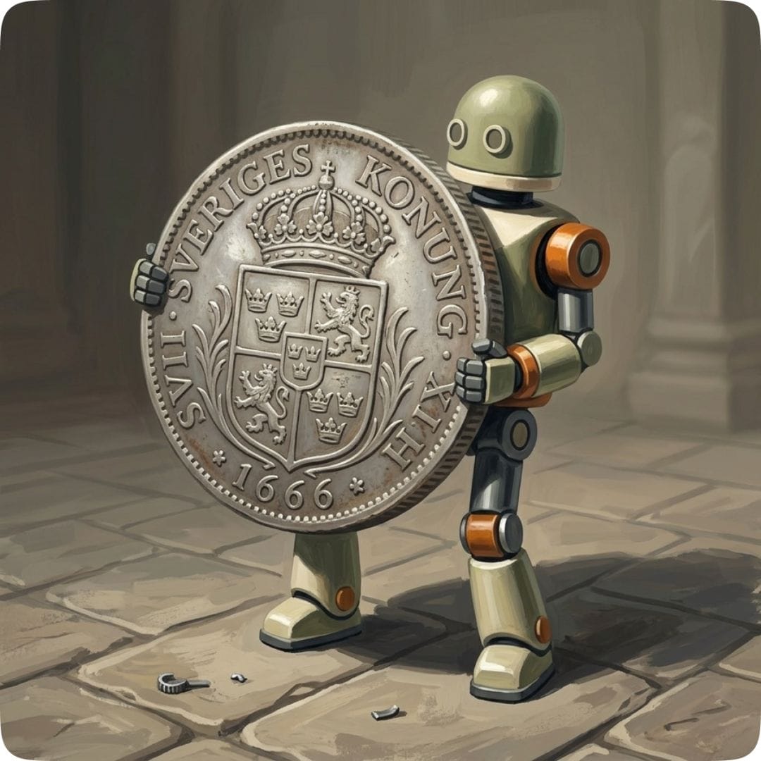 Liten robot som bär ett stort silvermynt