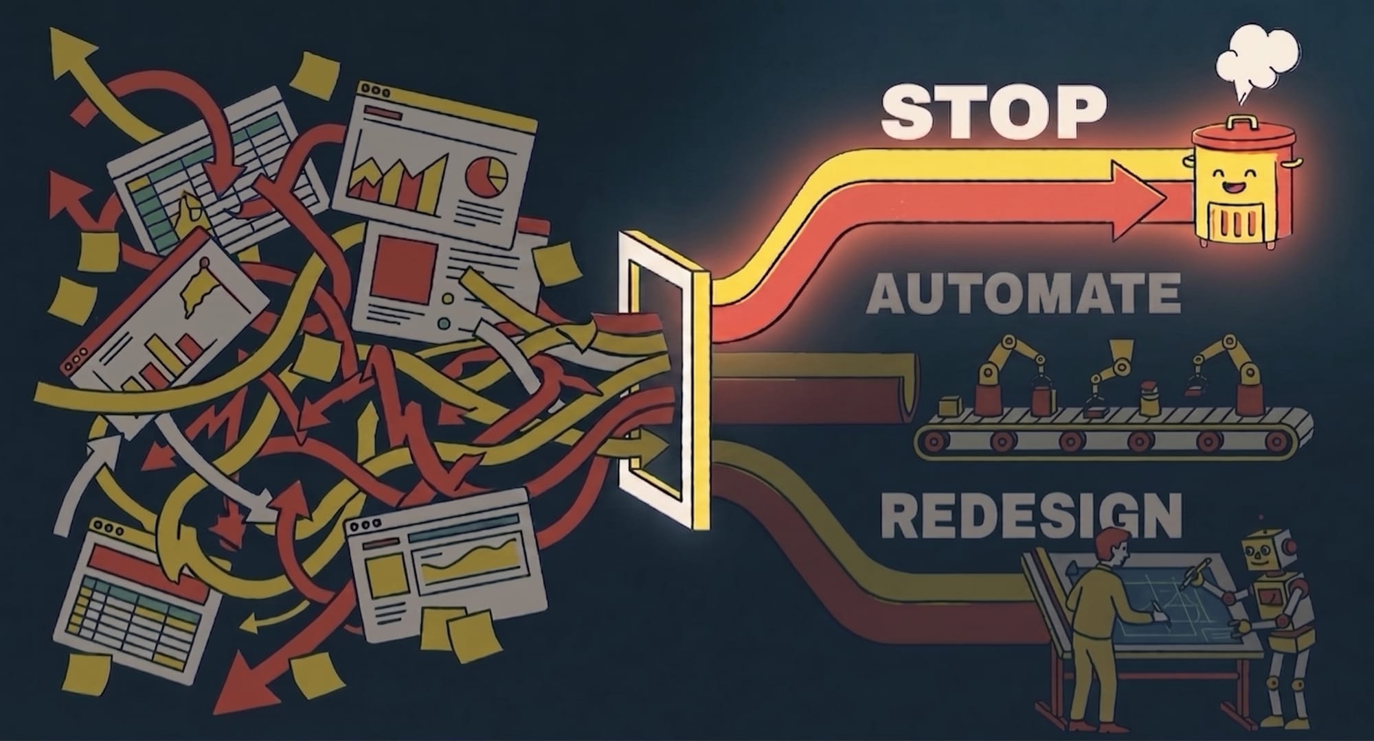 A tangle of documents and arrows funnels into three chutes labelled Stop, Automate and Redesign. The Stop chute is brightly lit; the other two are dimmed.