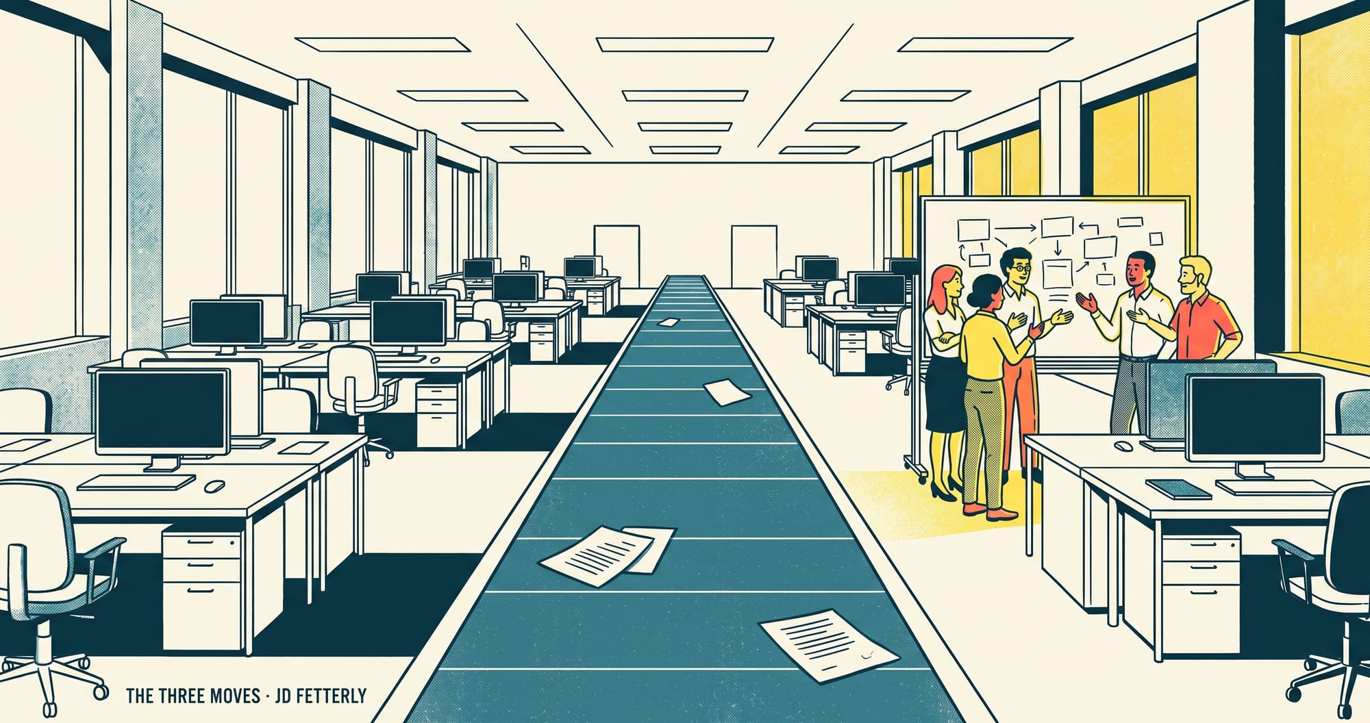 The same office in morning daylight. The conveyor belt is switched off and empty, with a few stray sheets settled on it. A small group of the workers stand together at a whiteboard, talking.