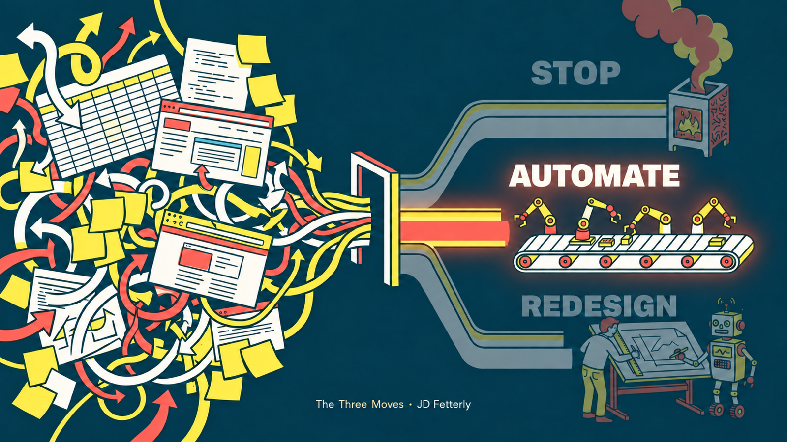 Tangled documents, spreadsheets, and arrows separate into three paths labeled Stop, Automate, and Redesign. Automate is highlighted, leading to a conveyor belt with robotic arms.
