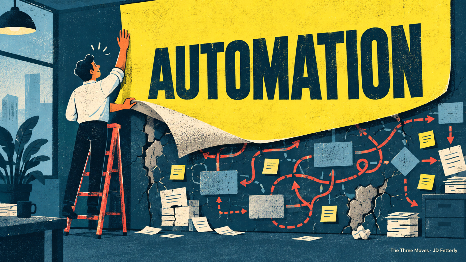 A person hangs a bright yellow sheet labeled “AUTOMATION” over a cracked wall covered with tangled arrows, notes, and process diagrams.