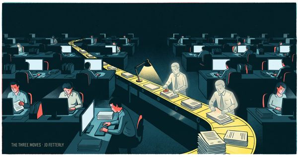 A dark office at night. People work at desks lit only by their monitors, while two faint ghosts work a lit conveyor belt looping paper through the room, making the same motions.