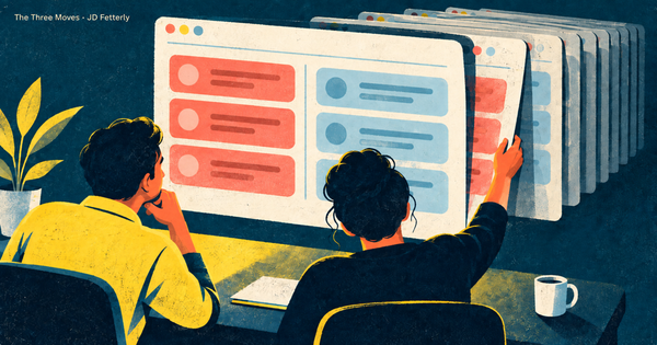 Two colleagues review a stack of project pages, each showing customer and internal tasks side by side.