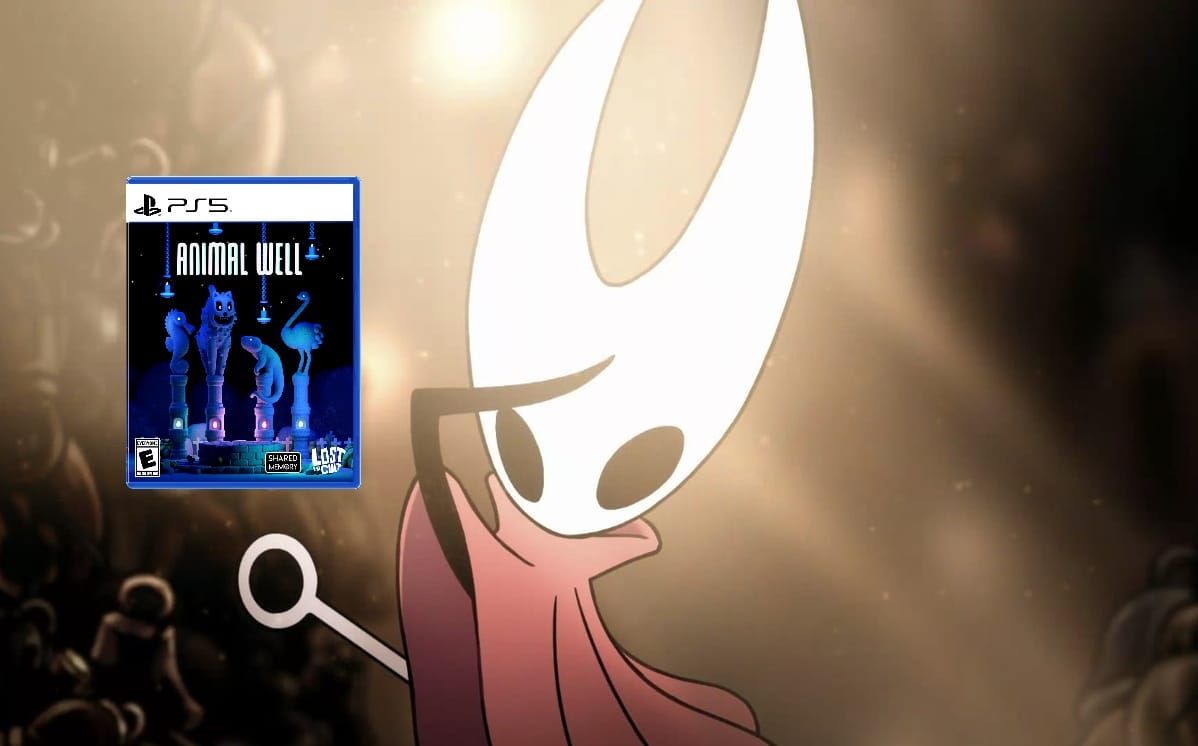 A image of Hornet fom Silksong peering through a bright light to see the physical copy of Animal Well for PS5.