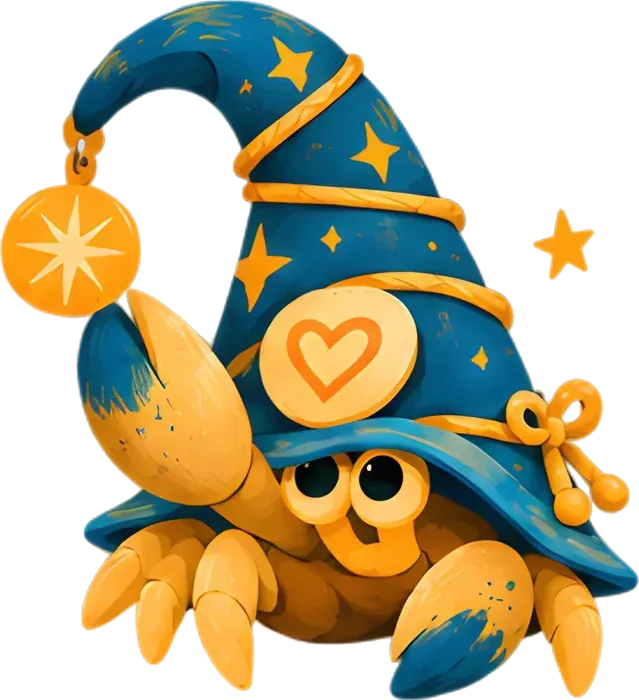 Melvin the hermit crab waving from under his starry wizard-hat shell