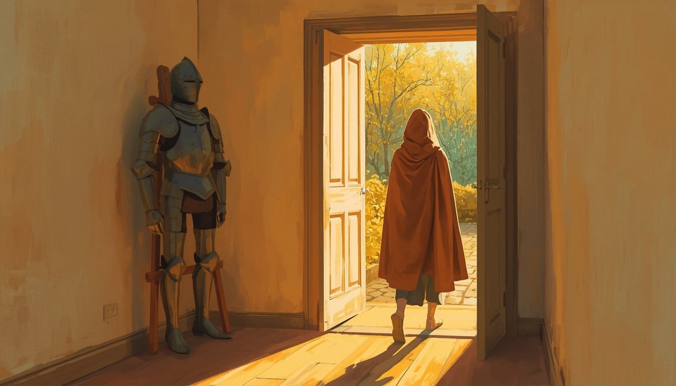 A suit of grey armour hangs empty on a wooden stand in a sunlit hallway while someone in an ochre cloak walks out through the open door
