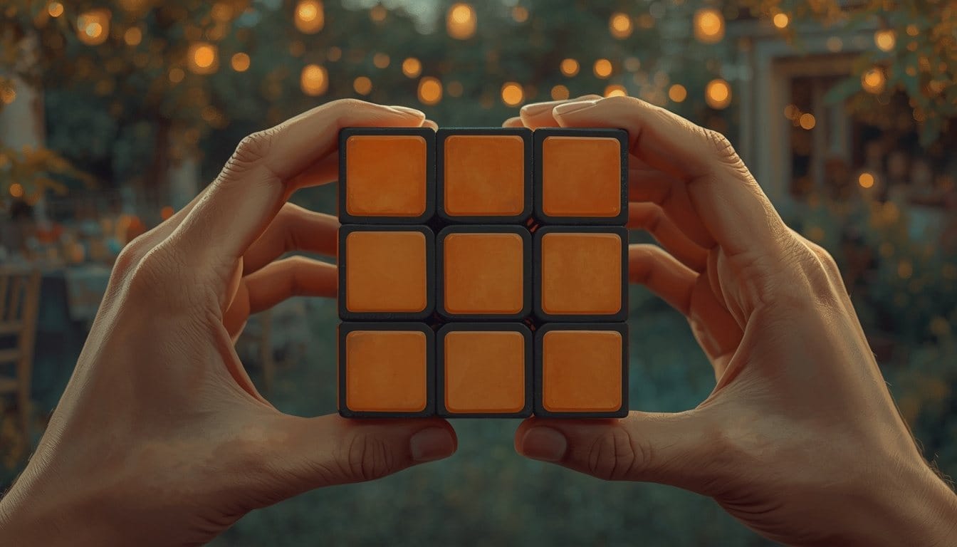 Two hands raise a Rubik's cube showing one perfectly uniform ochre face, a lantern-lit party blurred behind