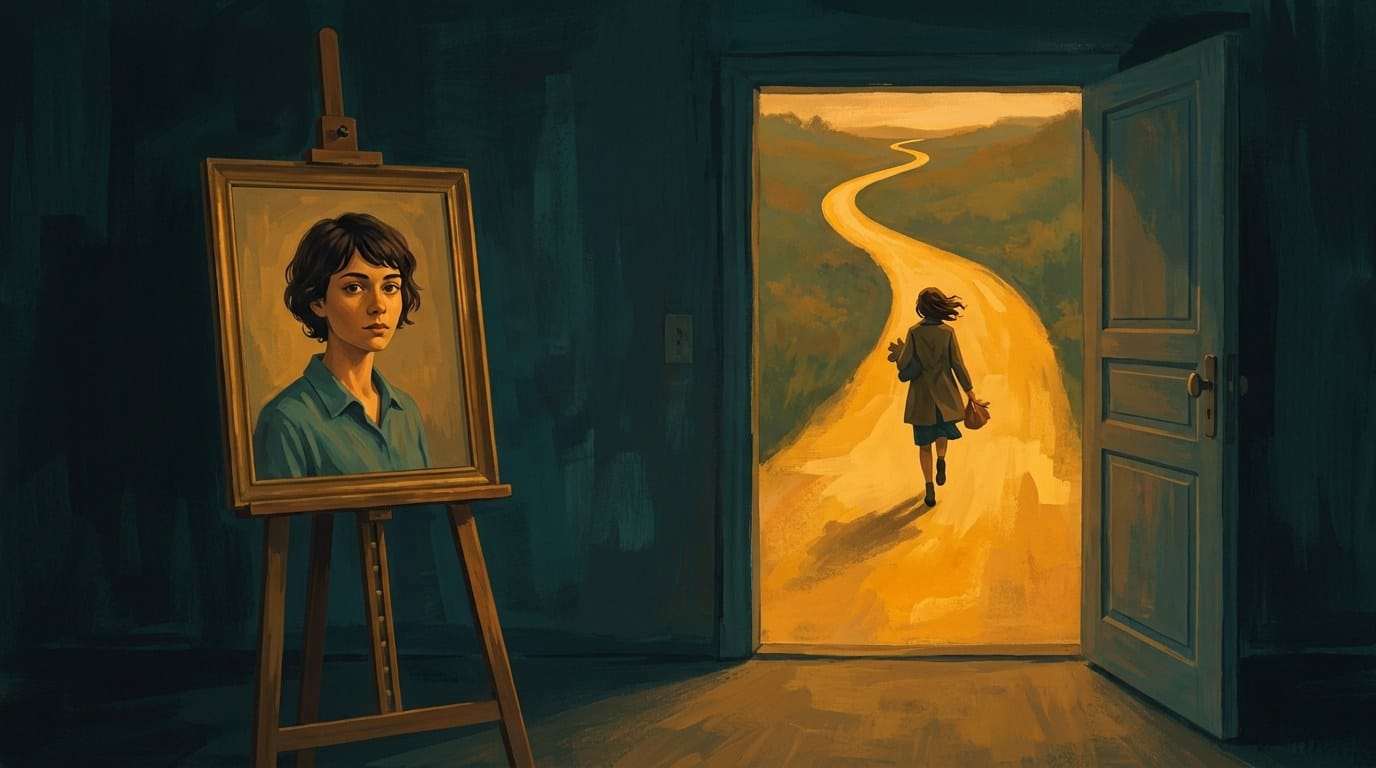 A finished portrait on an easel in an empty studio, while through the open door the same person walks away down a golden road