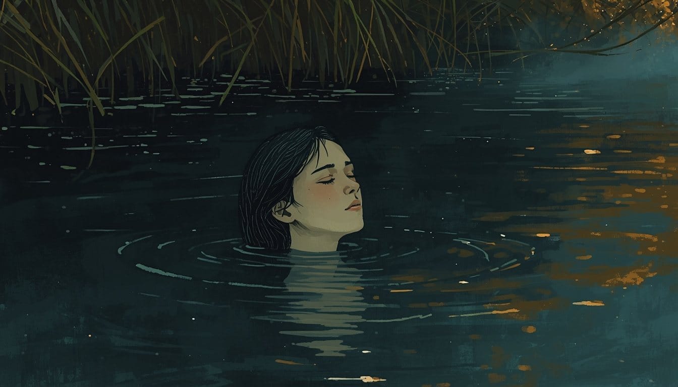 A face rising out of a dark river among reeds, eyes closed, warm light catching the ripples