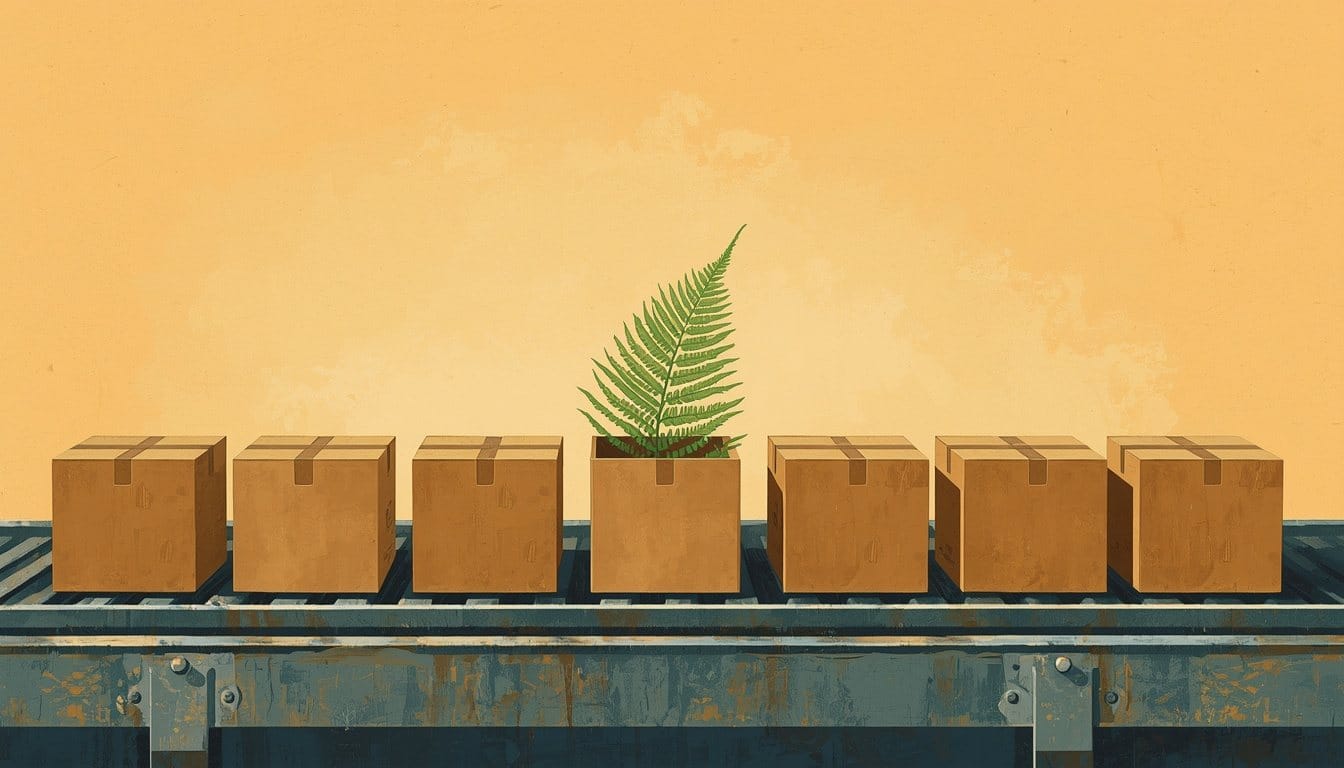 Eight identical brown cardboard boxes on a factory conveyor belt, the lid of one lifting as a bright green fern unfurls out of it