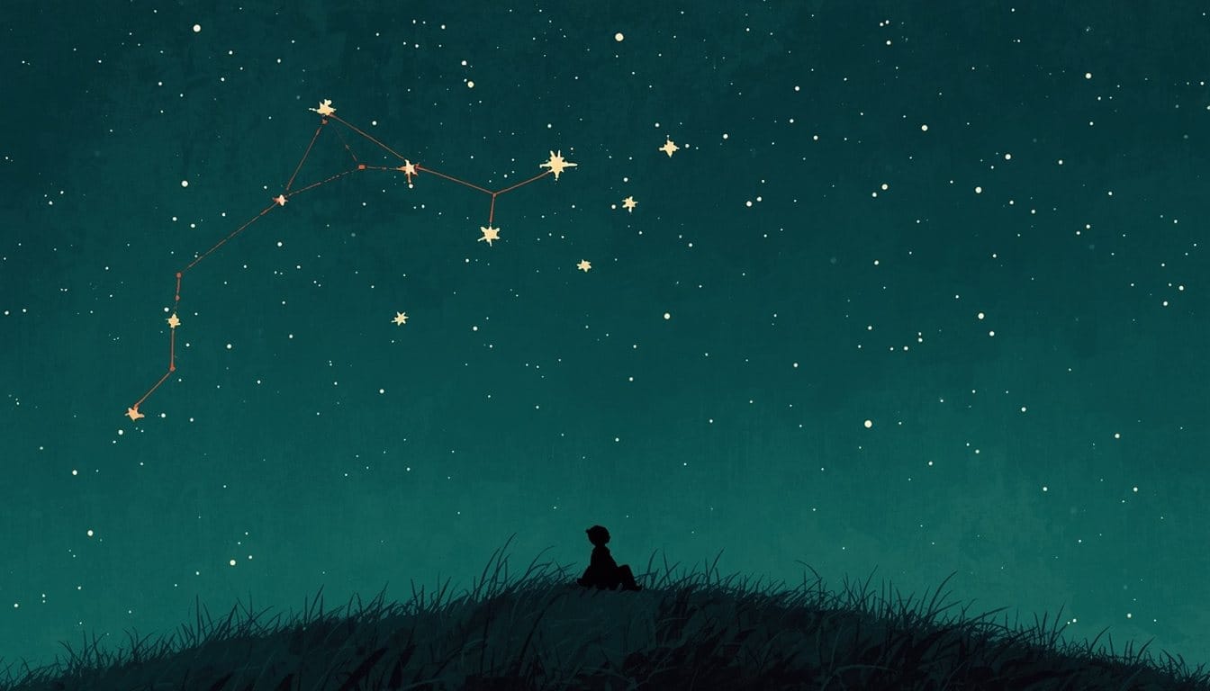 A tiny figure sits on a dark hilltop under a teal night sky, a few bright stars joined into a loose constellation by a thin red thread