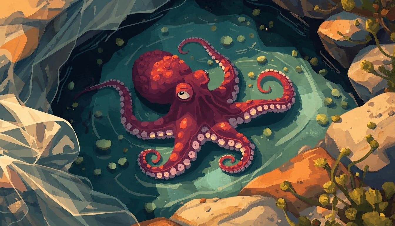 A red octopus slipping free of loose cellophane in a sunlit rock pool, tentacles unfurling