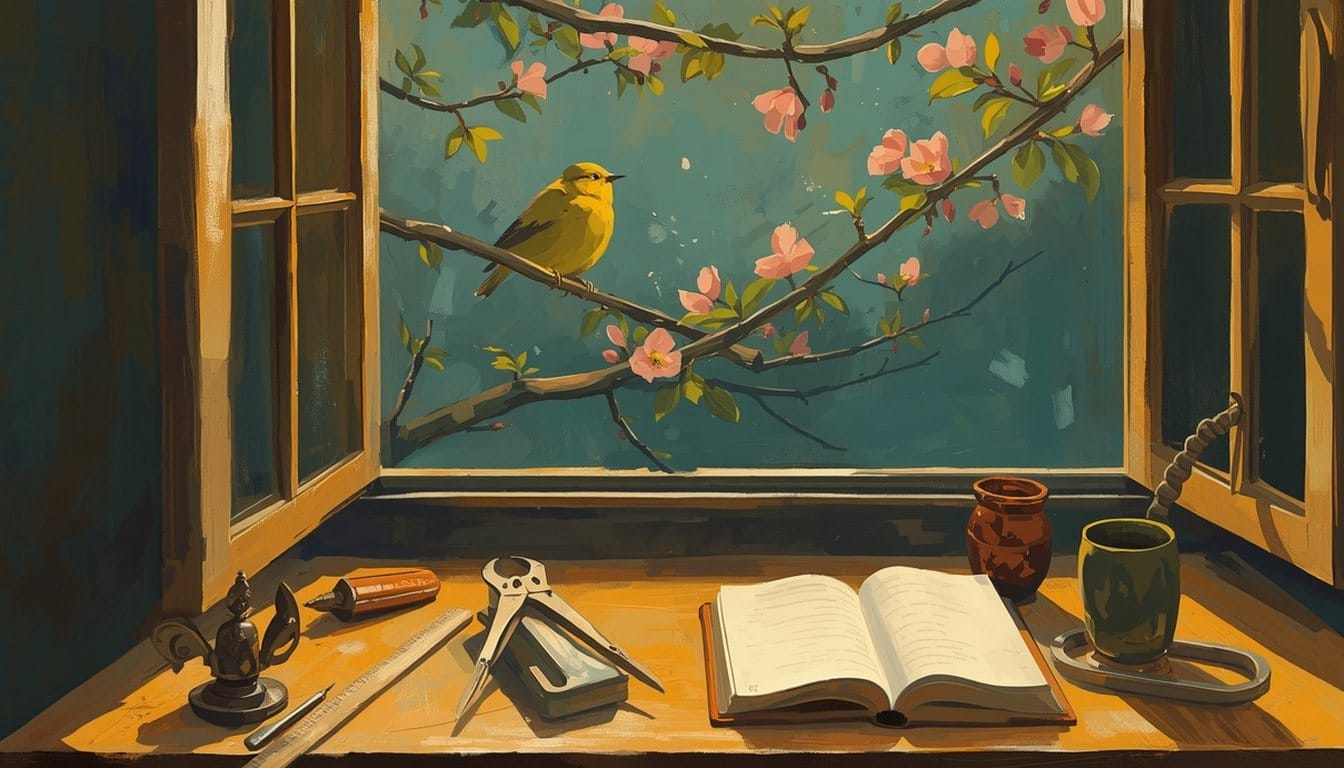 A tidy wooden desk with brass callipers, a ruler and an open blank notebook, while through the open window one small yellow songbird sings on a blossoming branch
