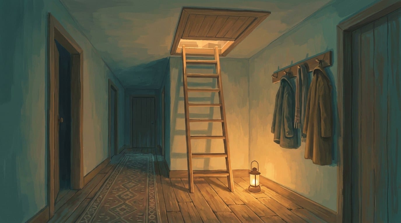 A lamplit hallway with coats on hooks, a wooden ladder rising to an attic hatch, and a small lantern left at the foot of the ladder
