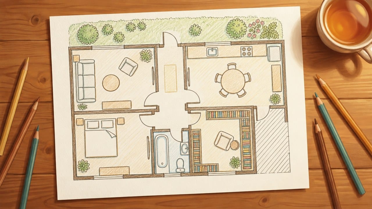 A hand-drawn floor plan in coloured pencil on a wooden table, seen from above, with a hall from the front door, a living room, a kitchen with a round table, one bedroom, a bathroom, a library lined with shelves and a garden along one edge, all drawn as simple plan symbols, one corner left hatched and unfinished, pencils and a cup of tea beside it