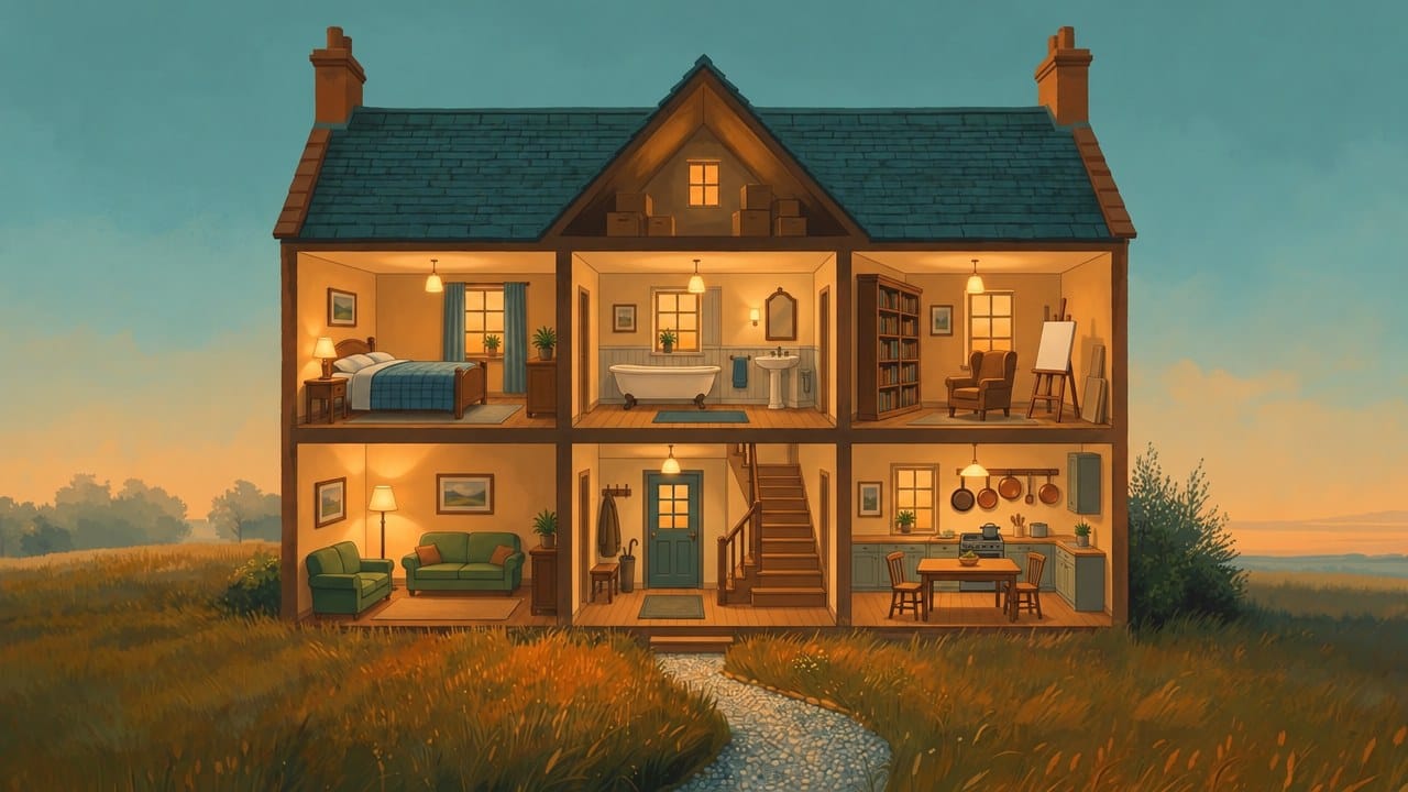 A cutaway view of an ochre cottage at dusk showing lamplit rooms: an entrance hall with the front door and stairs, a living room with green sofas, a kitchen with copper pans, and upstairs a bedroom with a blue quilt, a bathroom with a clawfoot bath, and a library with an easel, with boxes stored in the attic