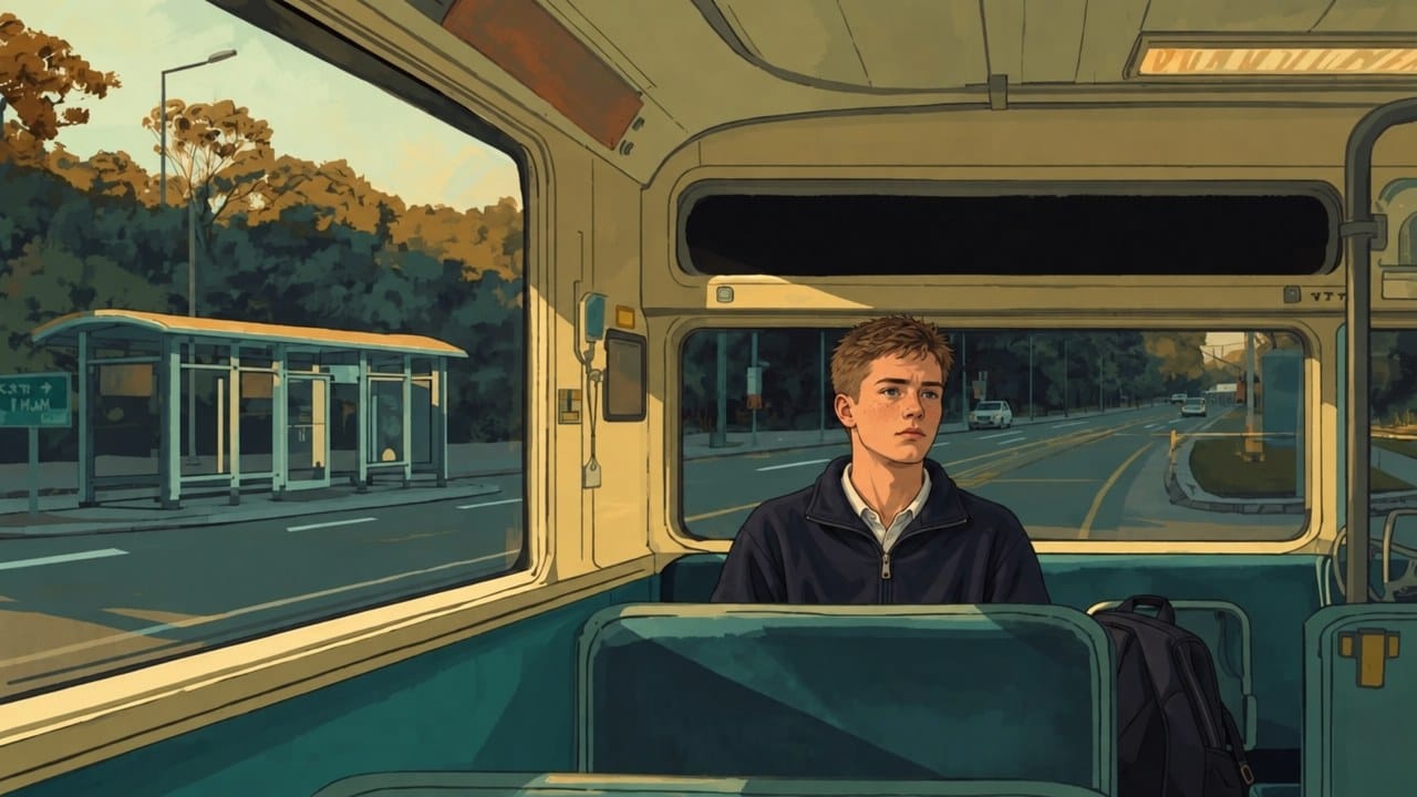 A fair-haired teenager in a dark school fleece sits in a cream and teal suburban bus, looking ahead as an empty roadside stop slides past outside