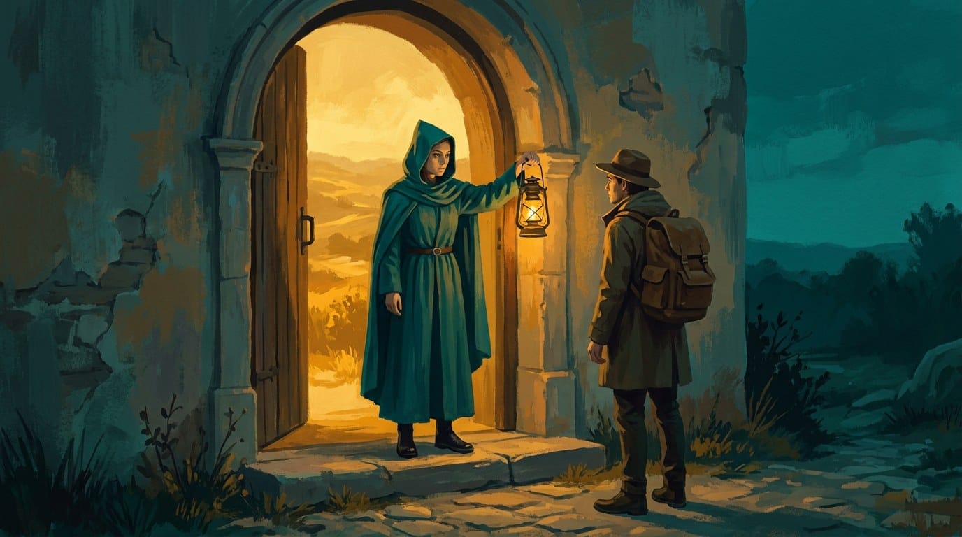 A guardian in a teal hooded cloak stands in an open arched doorway, holding a lantern up to a traveller with a brown pack who waits at the threshold step, a golden landscape glowing beyond the door