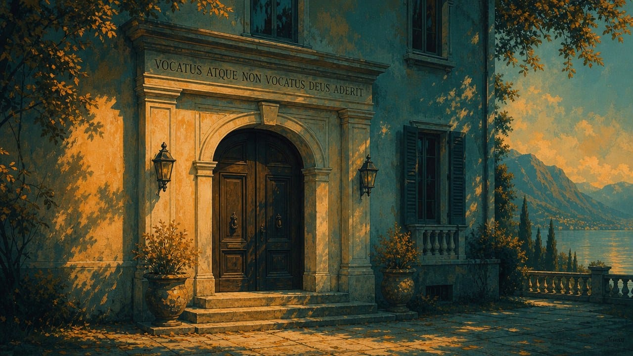 Illustration: a villa's wooden front door in a stone surround, with VOCATUS ATQUE NON VOCATUS DEUS ADERIT carved into the lintel above it