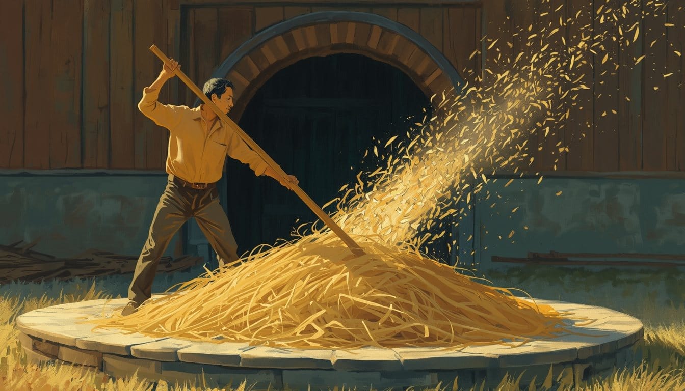 One wooden flail raised over a heap of golden wheat on a stone threshing floor, chaff lifting into the morning light