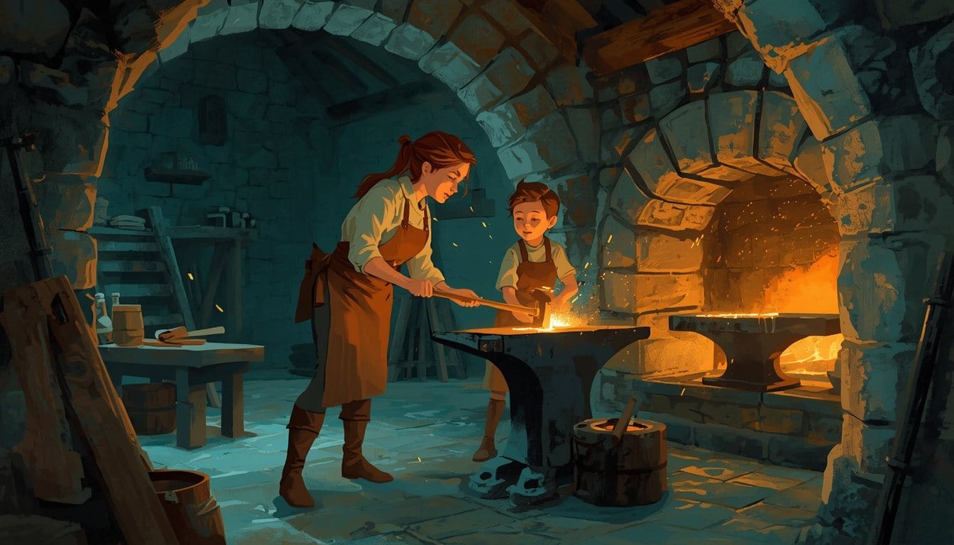 One blacksmith in a brown leather apron strikes a glowing orange bar on an anvil while one young apprentice beside her watches the hammer closely