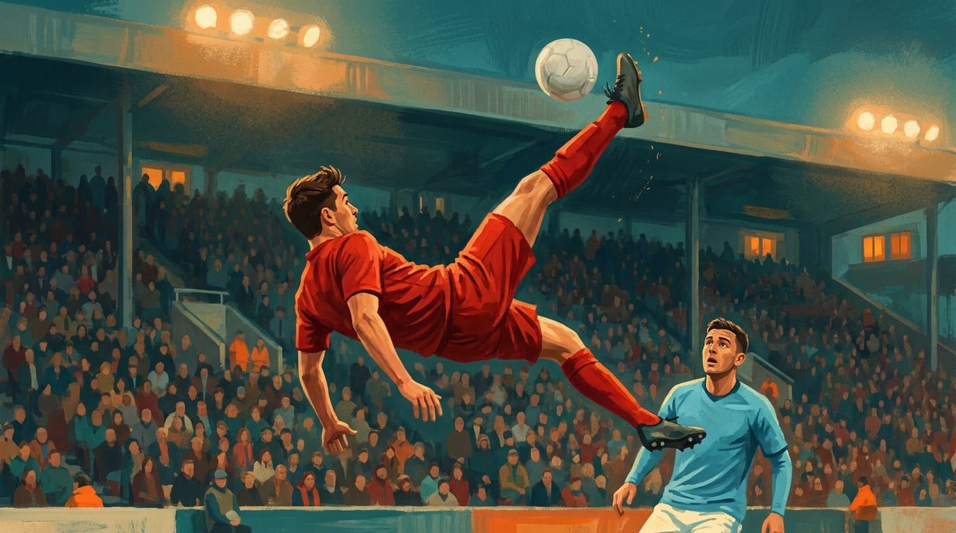 A footballer in red twists upside down in mid-air to strike the ball with an overhead bicycle kick, a defender in sky blue looking up, a floodlit crowd behind
