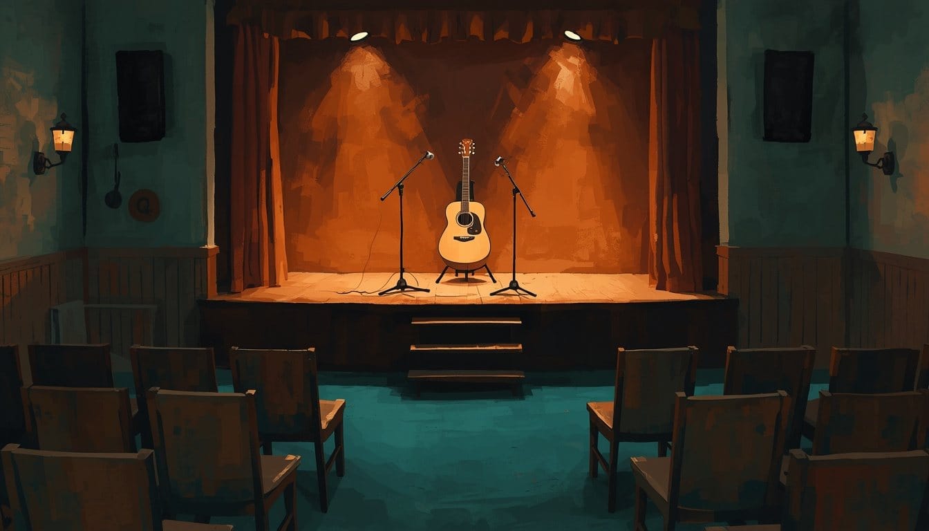 One small wooden stage with one microphone stand and one acoustic guitar on a stand, lit by warm amber lights, rows of empty chairs in teal shadow