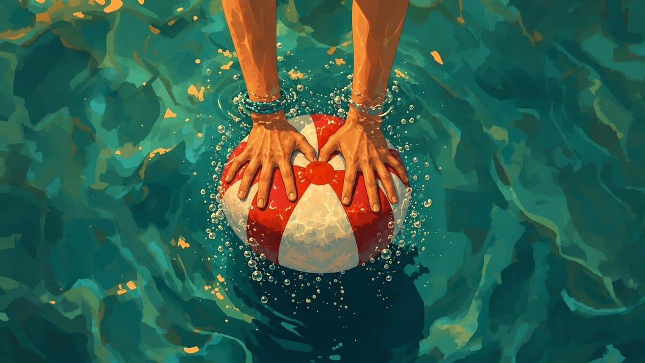 Seen from above, two flat palms press down hard on top of a red and white beach ball, squashing it just under the surface of a teal swimming pool, bubbles rising around it
