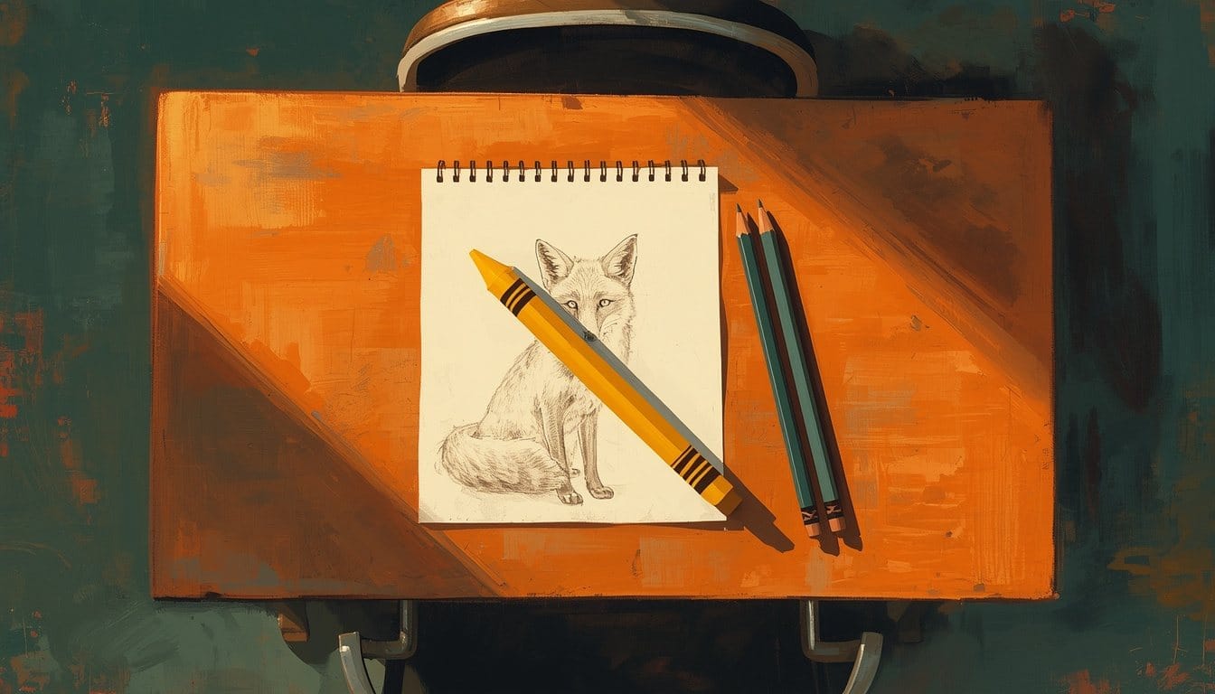 A finely shaded graphite drawing of a fox on a school desk, with one unused yellow wax crayon lying beside it