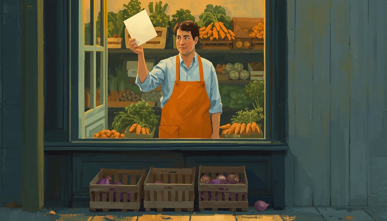 A greengrocer in an ochre apron lifts a blank cream card out of his shop window at dawn, crates of orange carrots and purple onions below