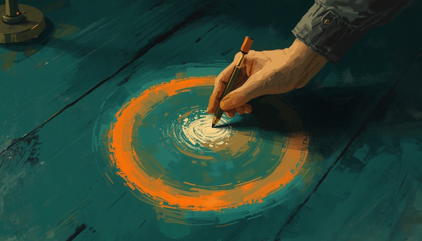 A hand drawing a glowing ochre chalk circle on a teal wooden floor around a simple writing desk with one lamp and an open notebook