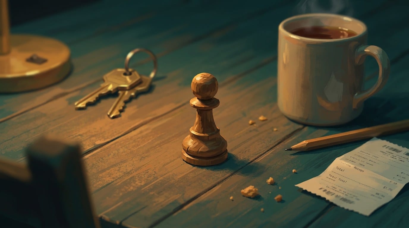 A single carved wooden chess pawn stands on a lamplit kitchen table among house keys, a mug of tea, a pencil, crumbs and a receipt, with no chessboard in sight
