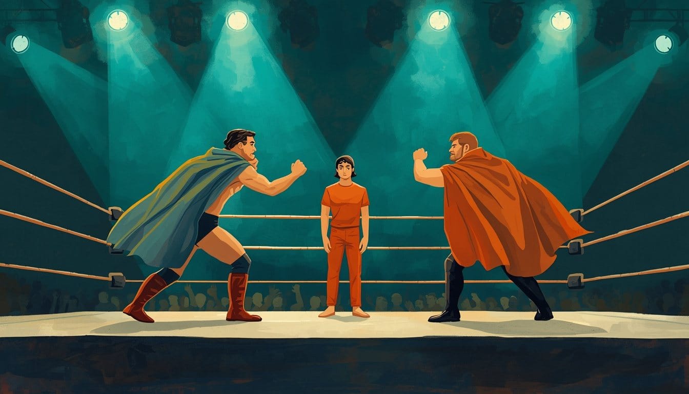 A wrestling ring under bright teal stage lights, two caped wrestlers mid-pose, while one ordinary person in an ochre jumper stands among them looking earnestly at the crowd