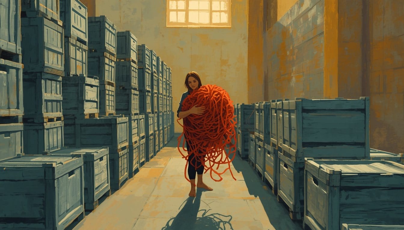 A person stands beside a long row of identical grey wooden crates, cradling a large bundle of bright ochre and red yarn that fits none of them