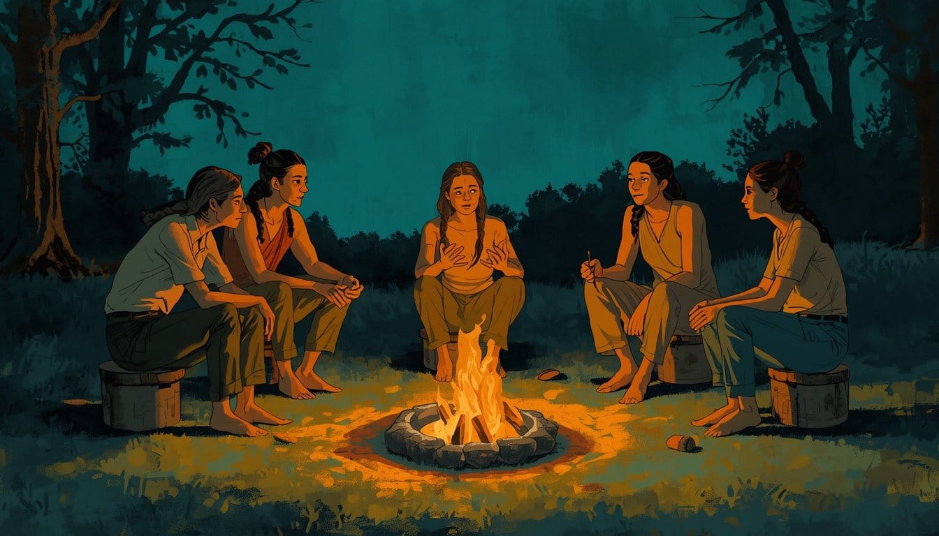 Five people seated on low stools around a small campfire at night, all leaning in toward one person who is speaking with open hands