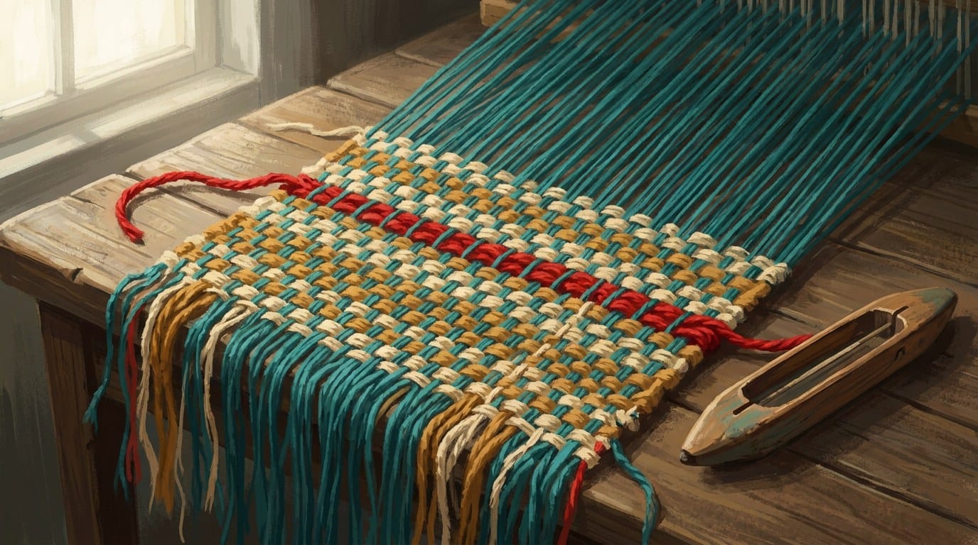 Half-woven cloth on a wooden table by a window, teal warp threads crossed by ochre and cream weft, with one red woollen thread woven through and a wooden shuttle beside it