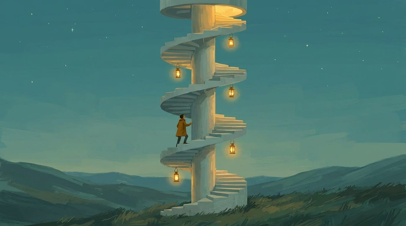 A tall open spiral staircase on a grassy hill at dusk, seen from the side, with a lantern at the same point on every turn and a figure in an ochre coat climbing upward toward warm light at the top