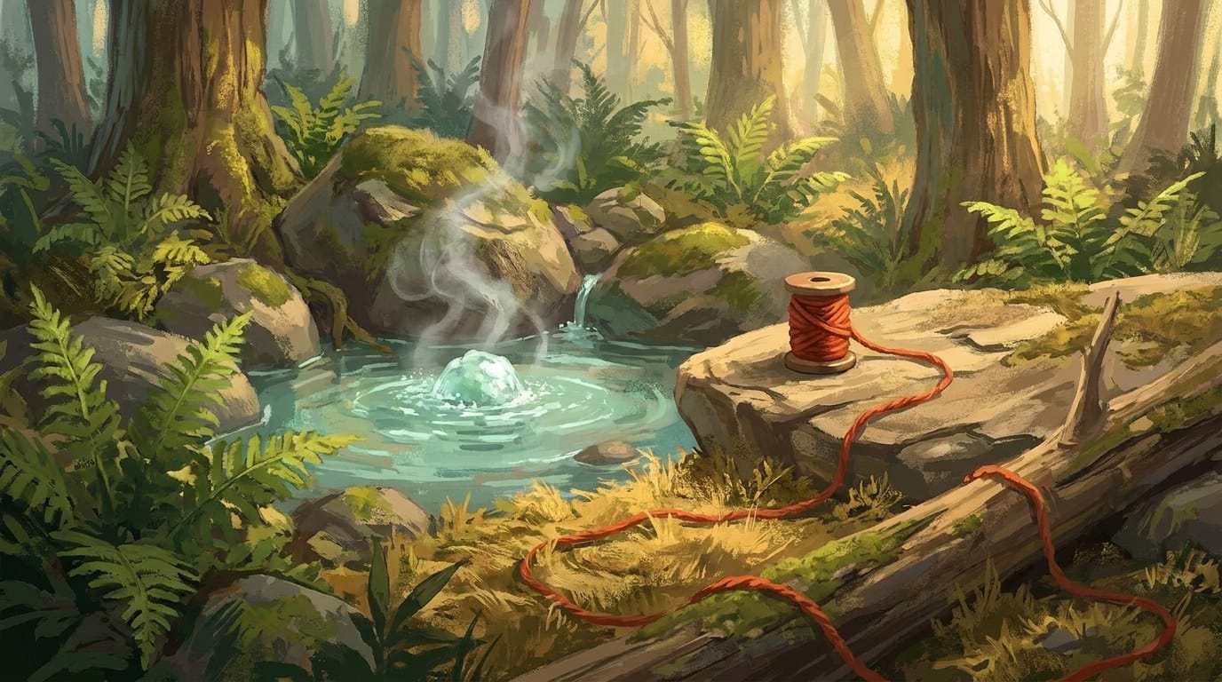 A small spring bubbling up between mossy rocks and ferns, steam rising, with a spool of red wool on a dry rock beside it and the yarn trailing away into the forest