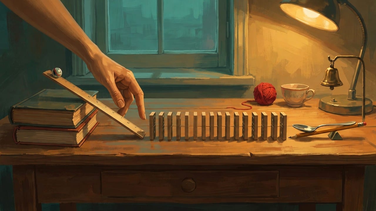 A hand reaches toward a ruler ramp on a lamp-lit kitchen table, about to close the gap between it and a long row of upright dominoes