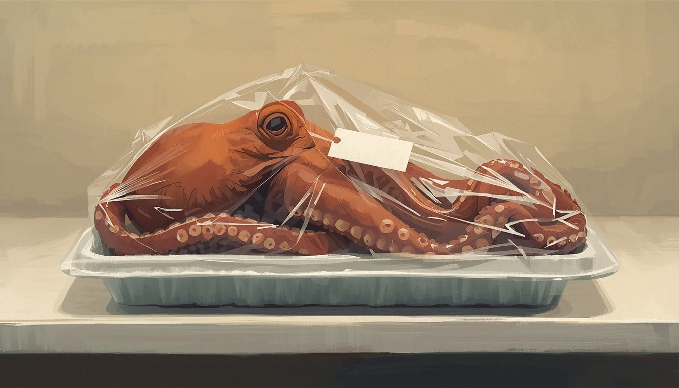 An octopus sealed under plastic wrap on a white supermarket tray, with a blank price sticker on top