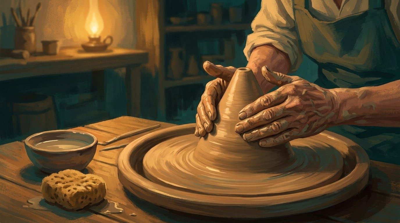 Clay-covered hands centring a cone of wet clay on a potter's wheel in a lamplit workshop