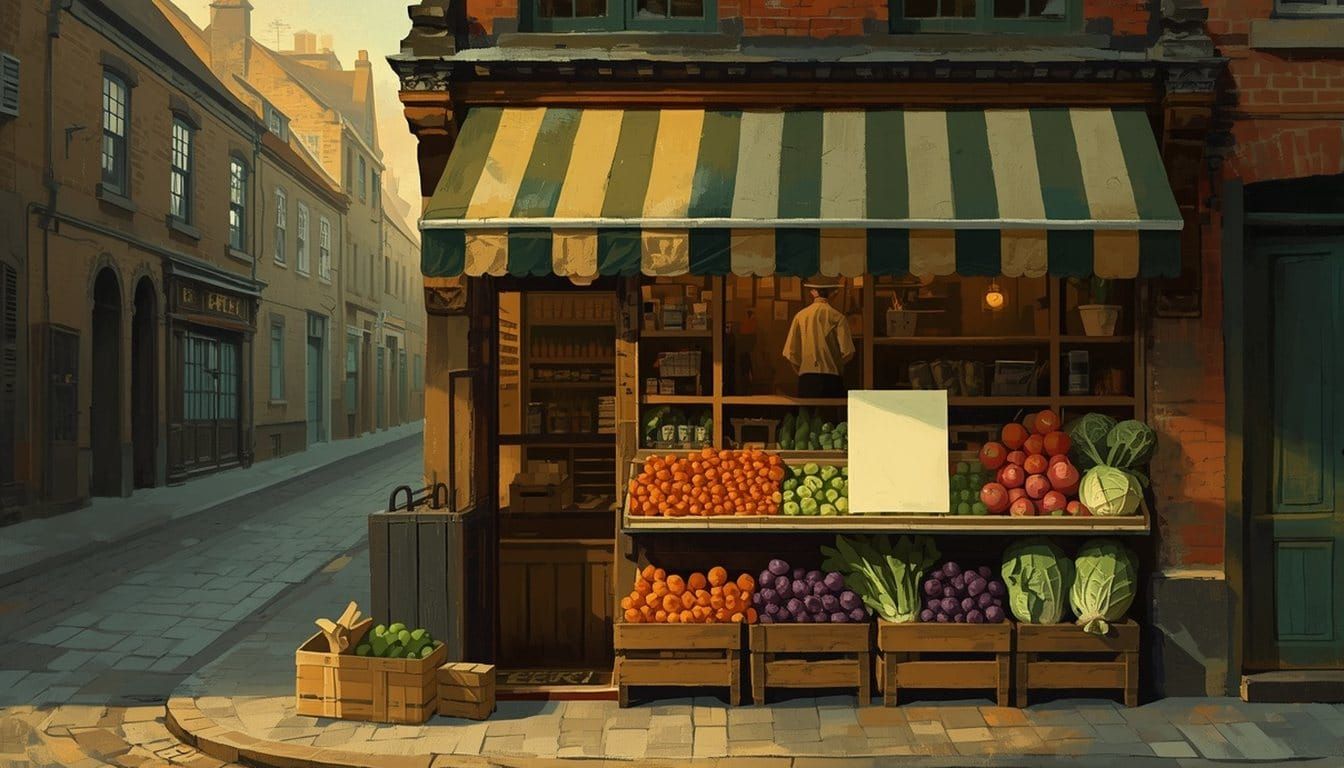 A small greengrocer's shopfront at dawn, crates of carrots and onions under an awning, a blank card propped in the window