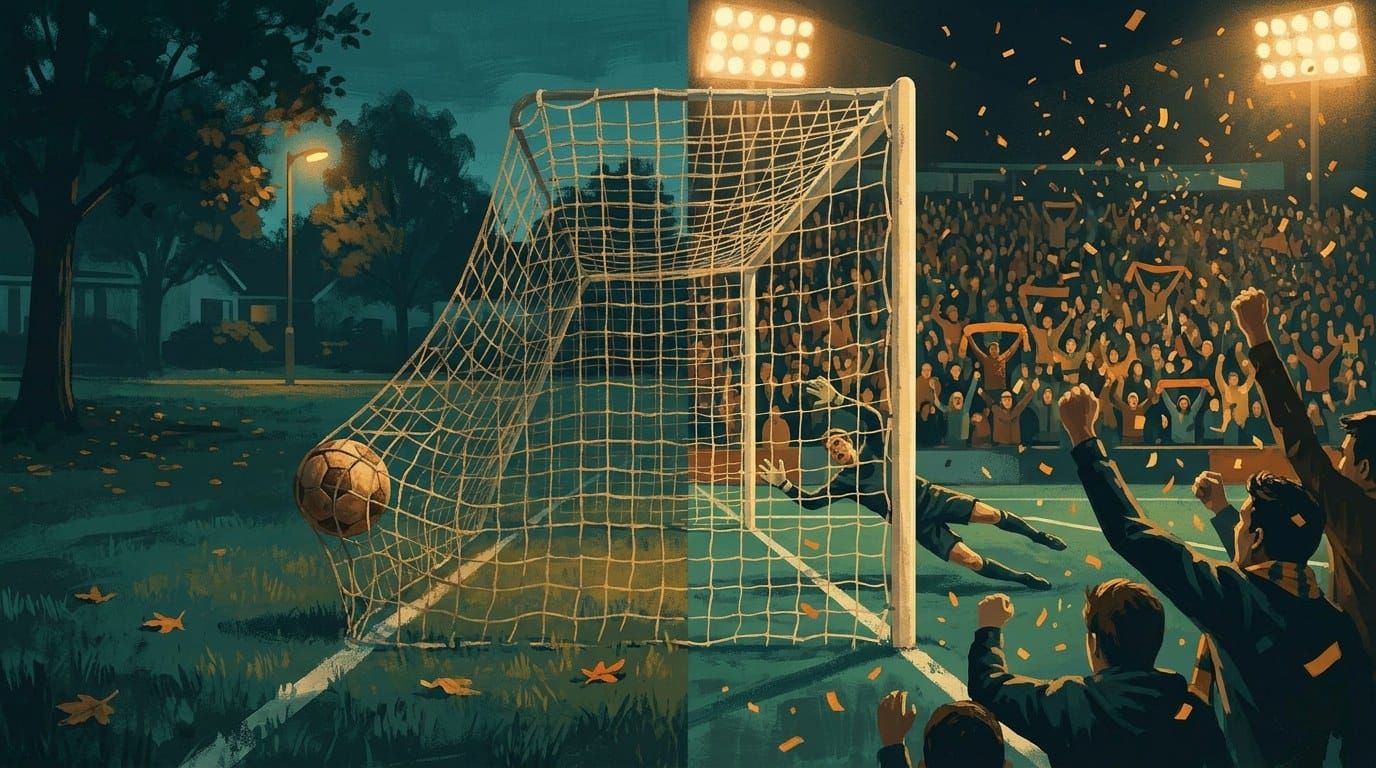 The same goal seen twice: on the left a ball rolls into a sagging net in an empty park at dusk; on the right the same net bulges in a floodlit stadium as the crowd erupts