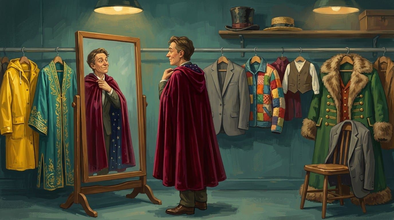 In a costume room, a person tries on a deep red velvet cape in front of a tall mirror, with a rail of very different coats and jackets behind them