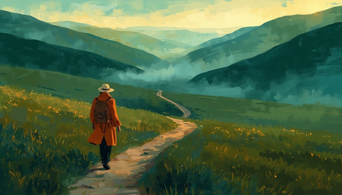 A traveller in an ochre coat walks a winding valley path at dawn, its far end disappearing into soft mist