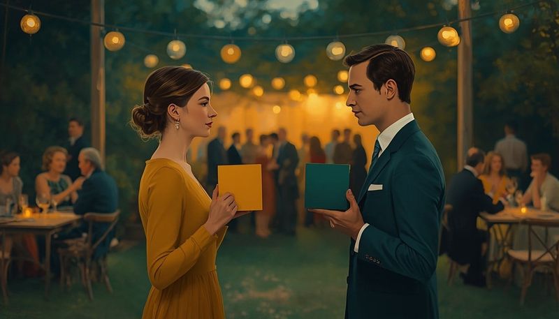 Two people at a lantern-lit garden party, each showing a single solid-coloured box, ochre and teal