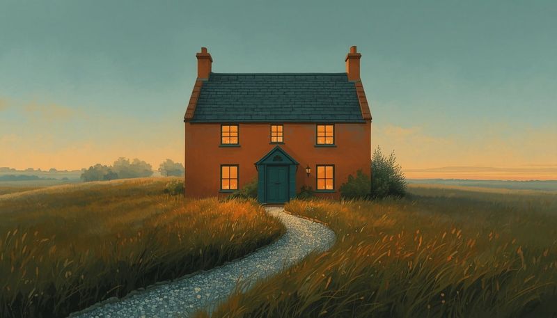 A small ochre cottage with a teal door alone in a meadow at dusk, every window lit, a winding path leading to the door