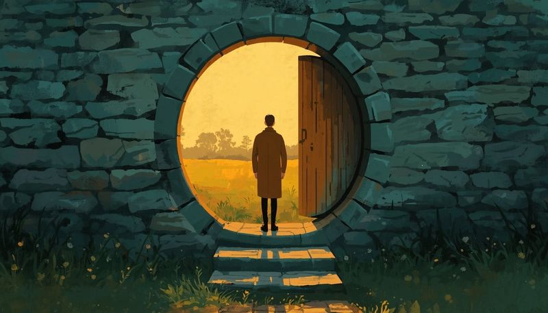 One person stands on the worn stone step of a round open door in a stone wall, dawn light pouring through from a meadow beyond