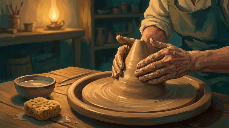 Clay-covered hands centring a cone of wet clay on a potter's wheel in a lamplit workshop